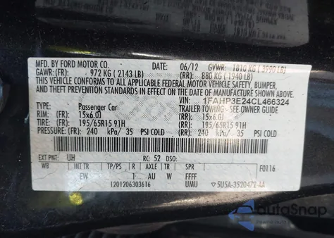 2012 Ford Focus S z USA, uszkodzony, nr VIN 1FAHP3E24CL466324